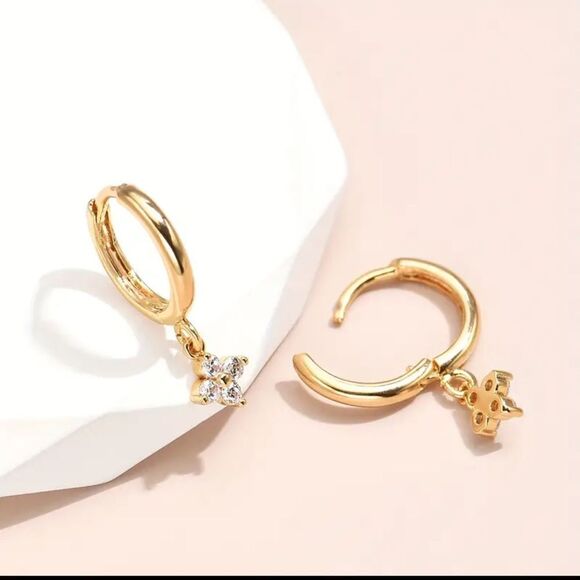 14K Gold Plated Elegant Clover Zirco Huggies Shaped Dangle Hoop Earrings - Picture 3 of 5